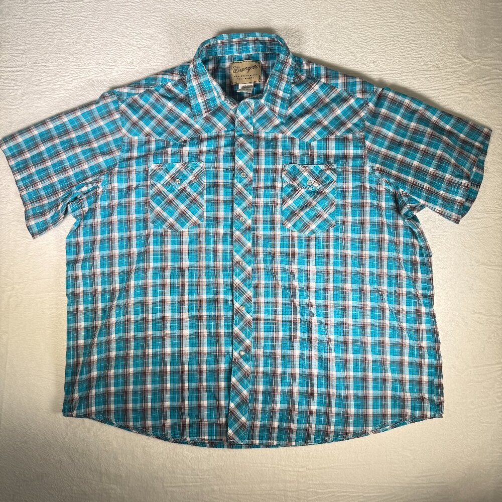 Wrangler Western Cowboy Men’s 3XL Pearl Snap Shirt Plaid‎ Button Short Sleeve